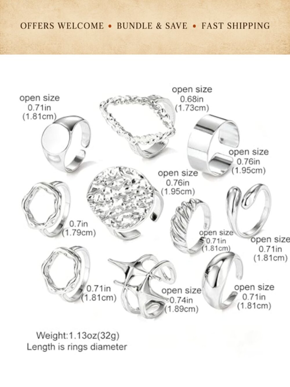 10 Pc 14K Gold Plated Adjustable Stackable Rings Set Punk Style - Picture 6 of 6